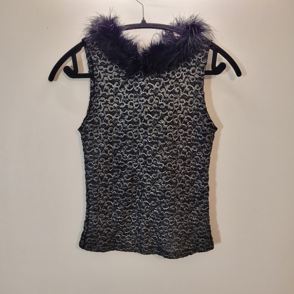 Hendy Vintage Black Feather Neckline Silver Camisole 90s - Size M